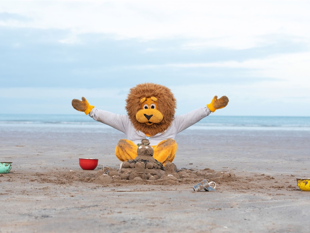 Rory McLion builds a sandcastle on the beach. His arms are outstretched in a happy manner.